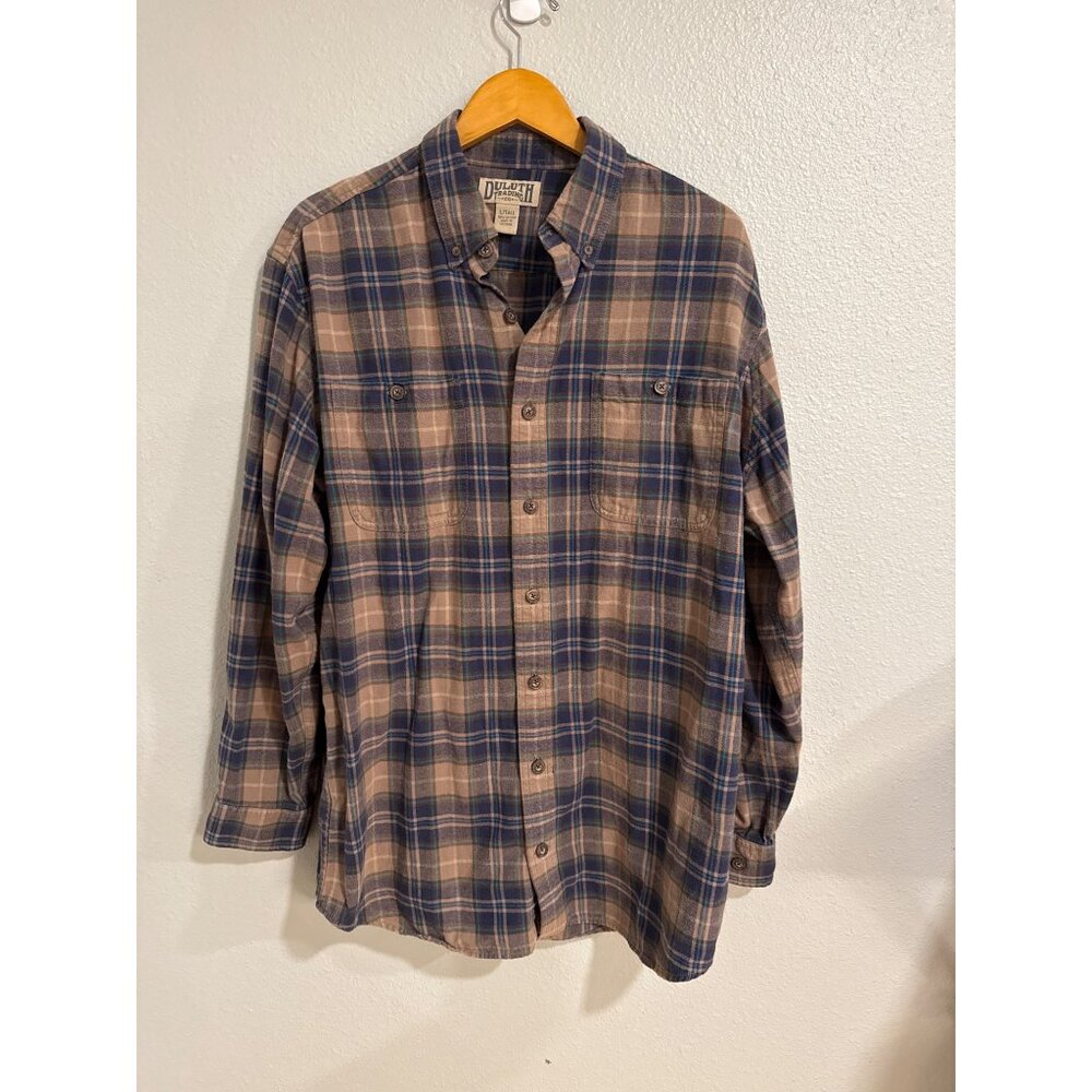 Duluth Trading Co. Mens Plaid Brown & Blue Flannel Shirt Size L Tall 100% Cotton